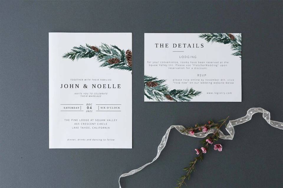 Elegant pine winter wedding invitations