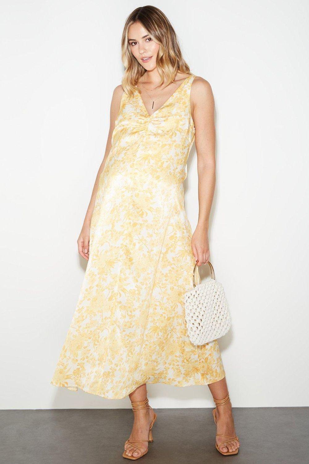 yellow vneck satin maternity  cheap wedding guest dress