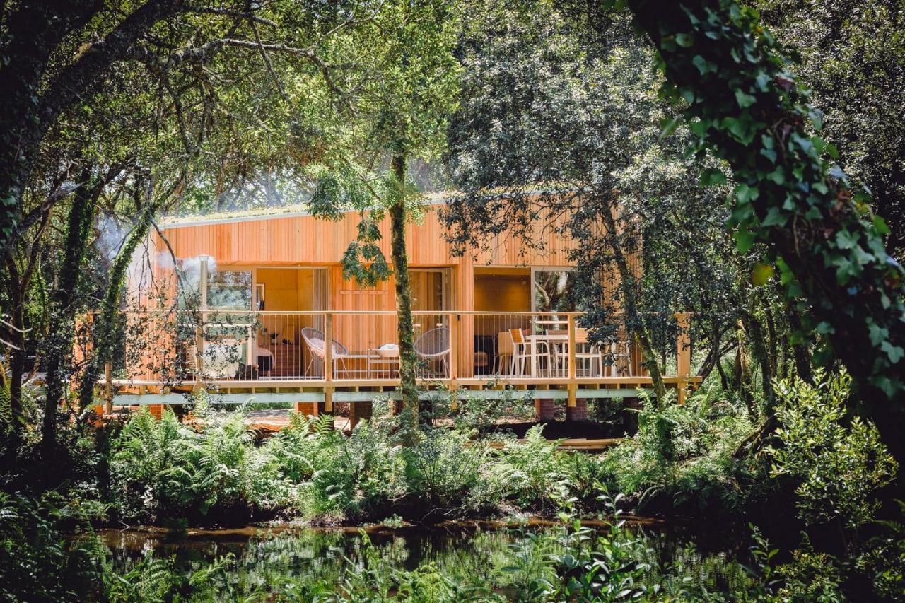 Wooden cabin rental by a lake with outside seating area