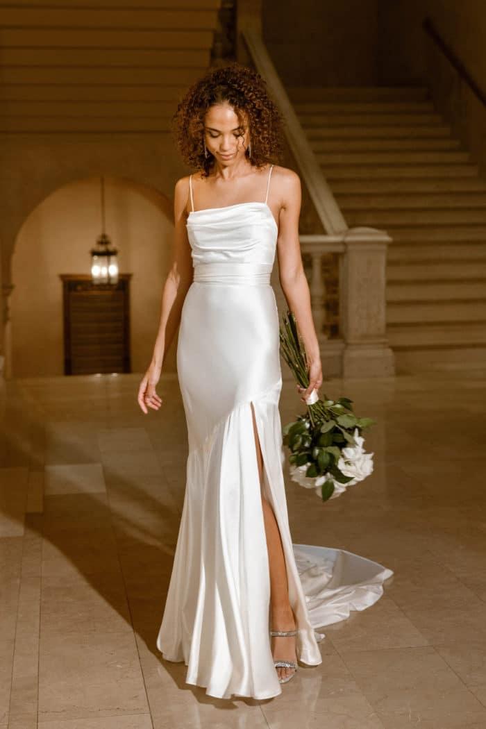 Consort Gao Ruched Satin Dress in White | Mikayla