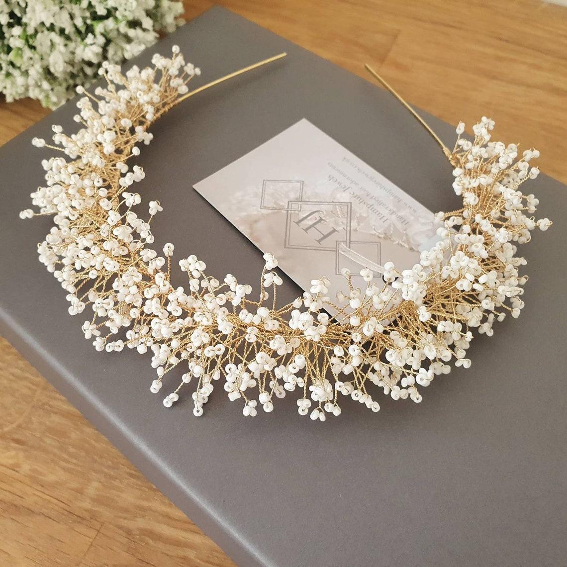Girl headband satin flower Rhinestone pearl wedding handmade in UK FREE UK POST 