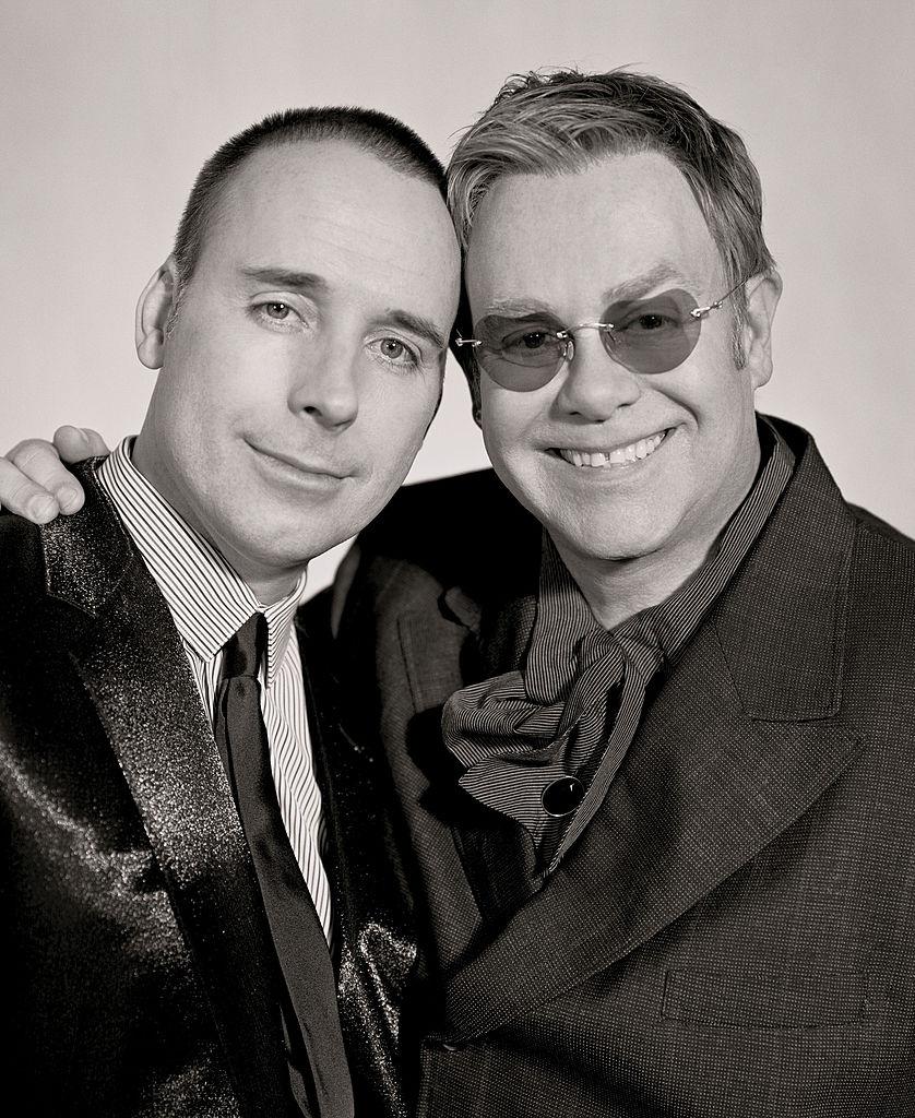 Black and white photo of Elton John and David Furnish at their civil partnership ceremony