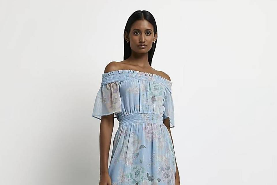 cheap wedding guest dresses blue bardot off the shoulder chiffon design