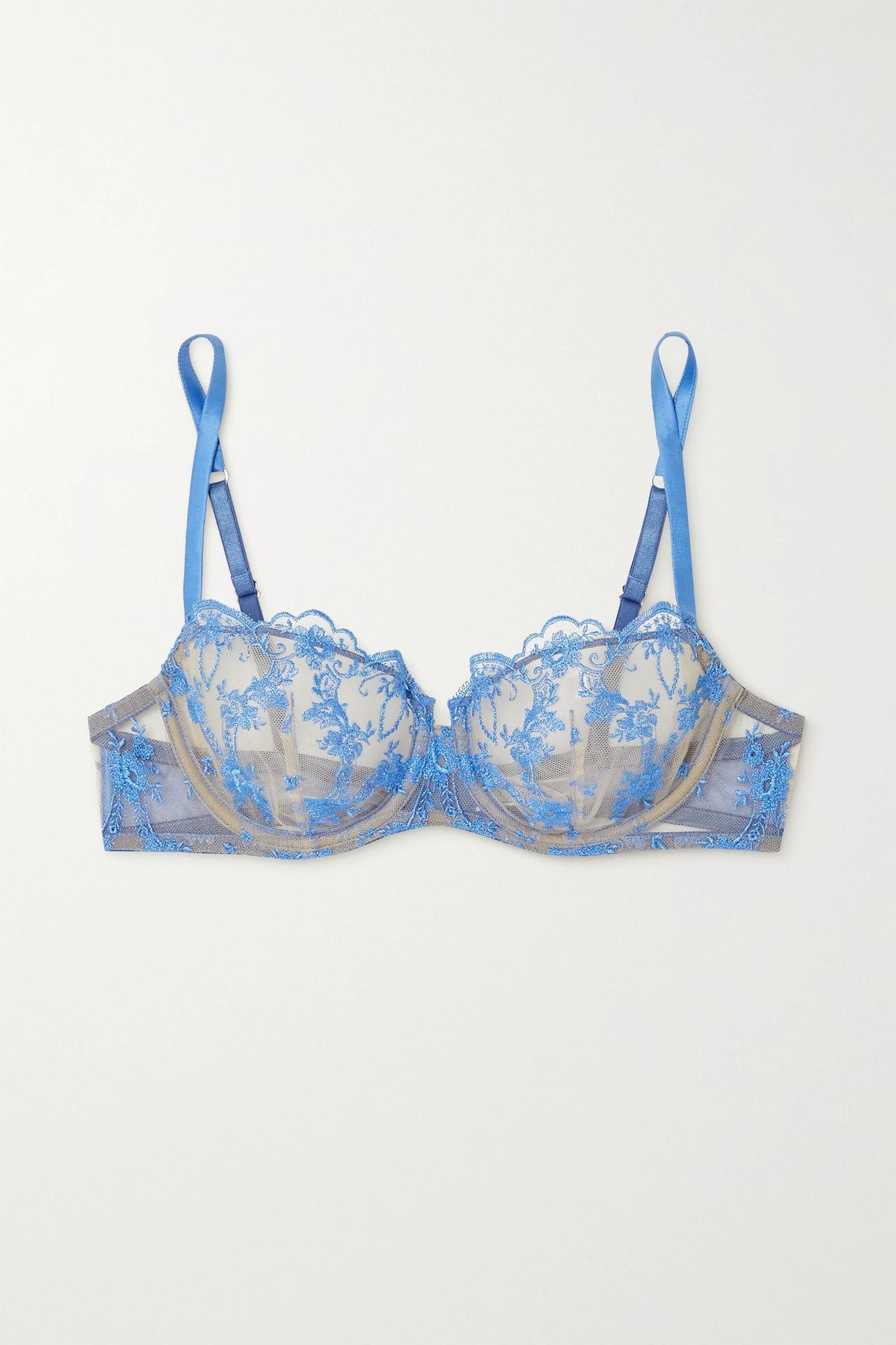 Blue and cream lacy tulle bra with floral stitching 