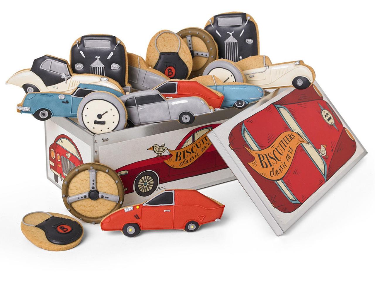 Classic car shaped biscuits in a tin