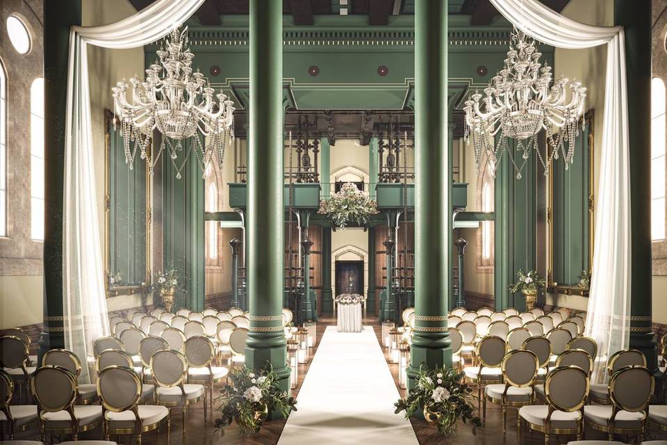 Grand wedding ceremony room with columns and chandeliers