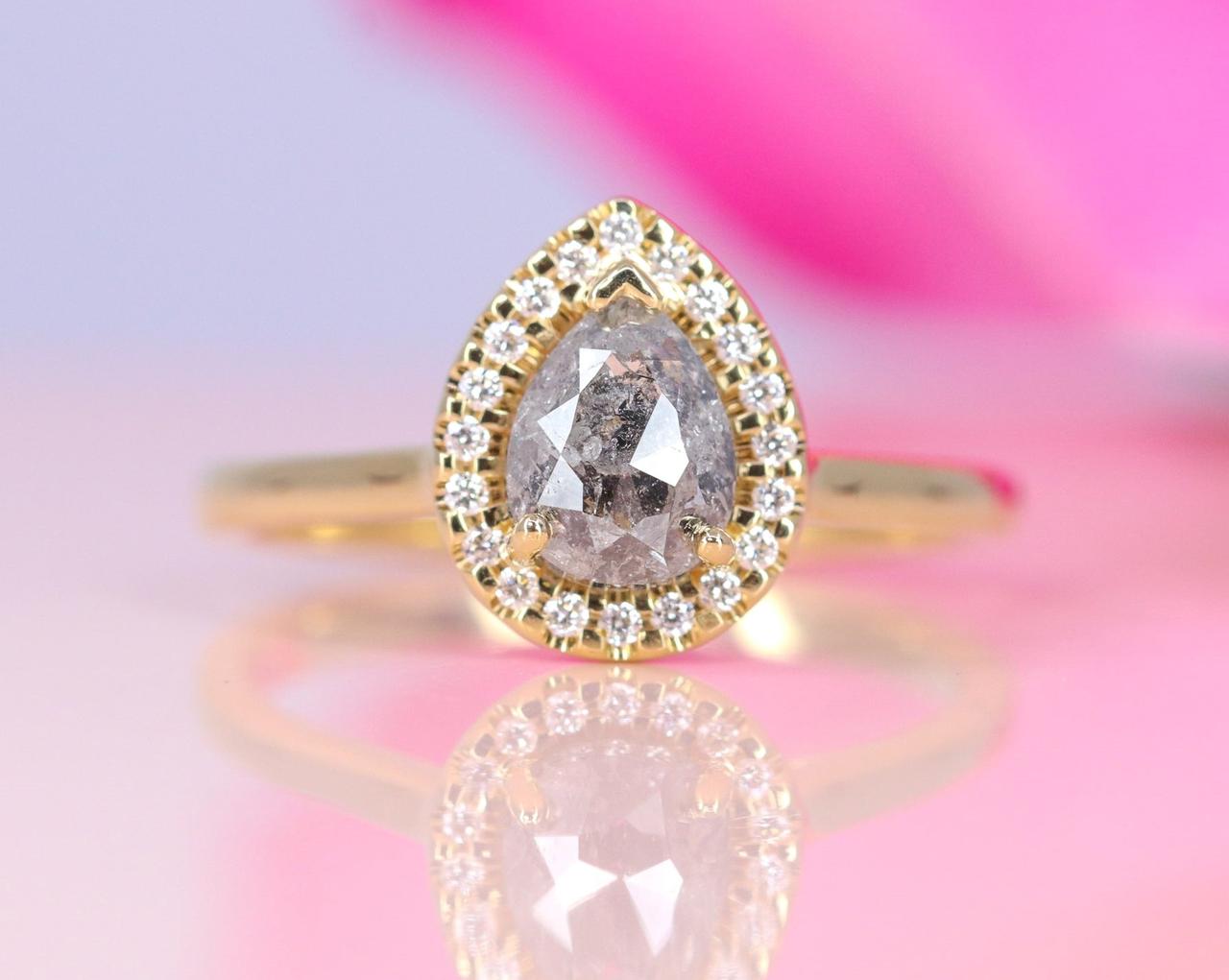 Pear halo salt and pepper diamond engagement ring