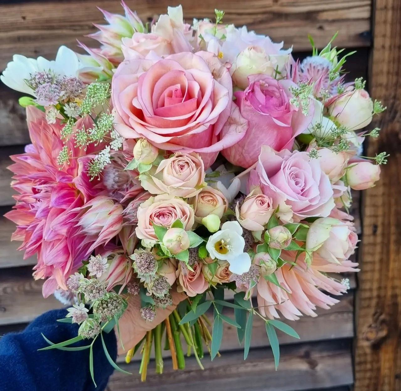 Pink rose modern wedding bouquet