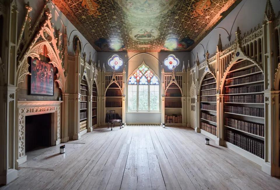 Grand interiors at a wedding venue with book shelves