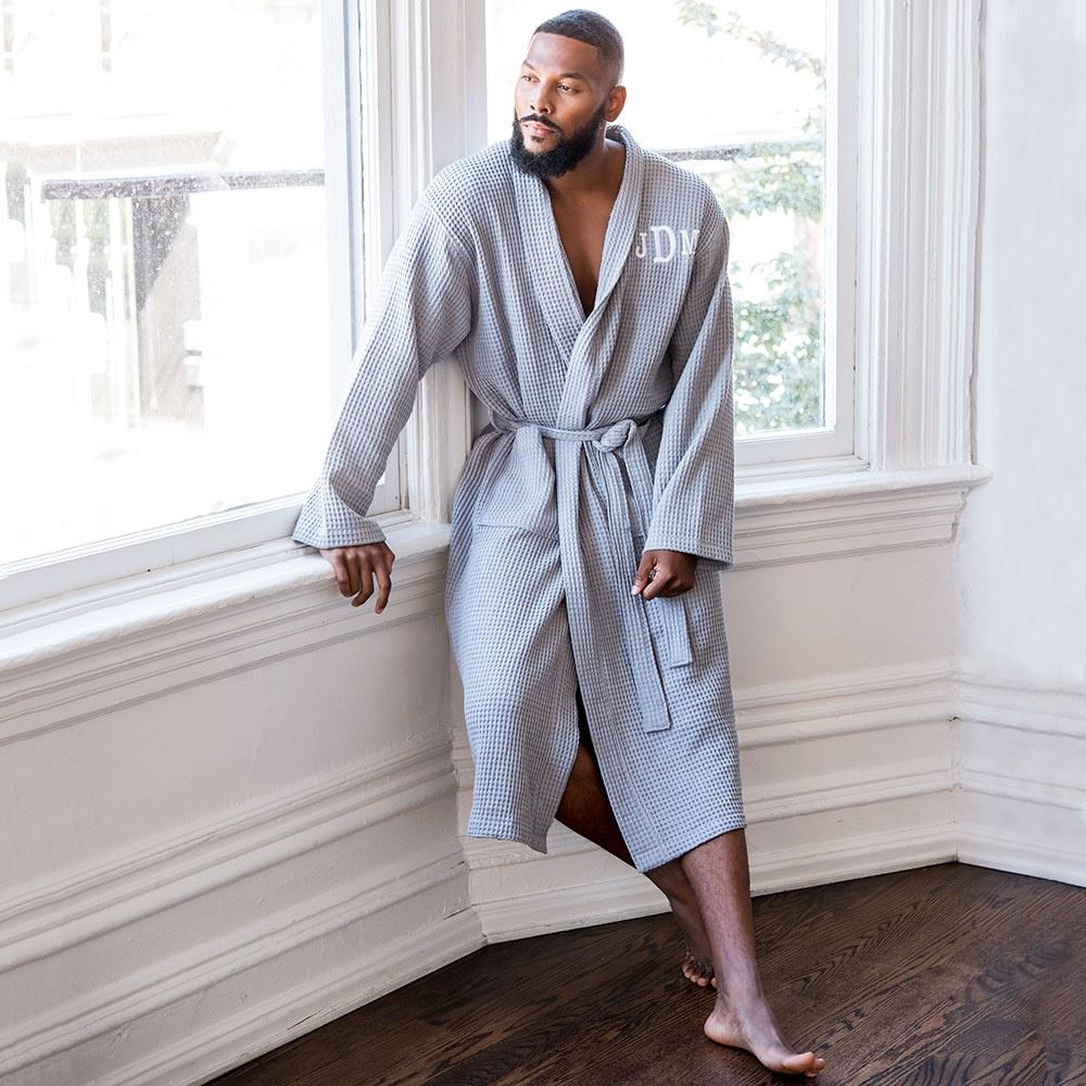 Model wearing a grey personalised waffle robe