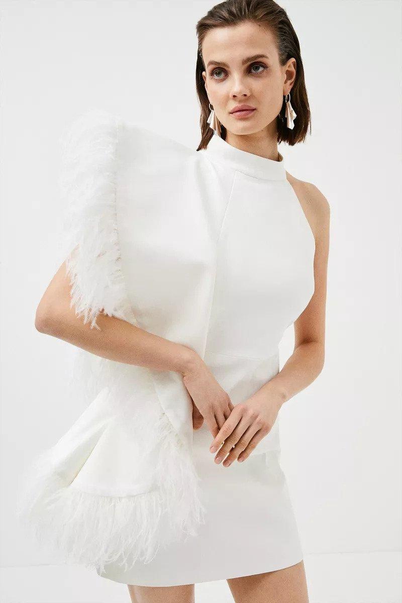 Short feathered mini dress with a structured shape