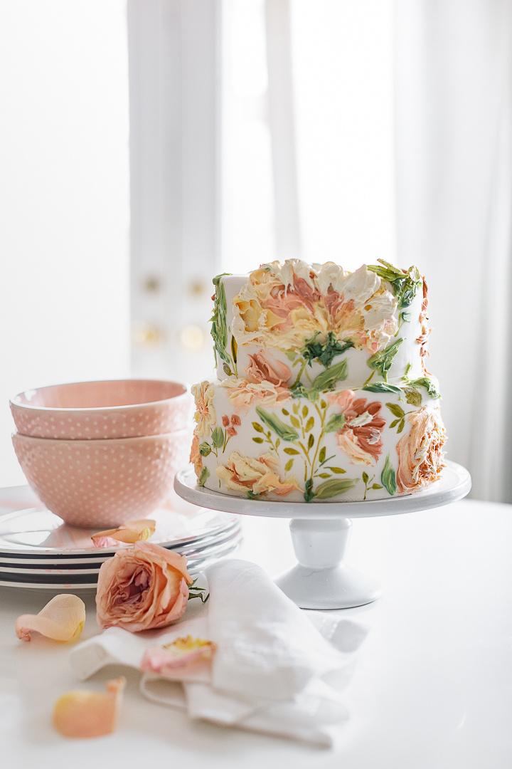 Floral painted buttercream wedding cake