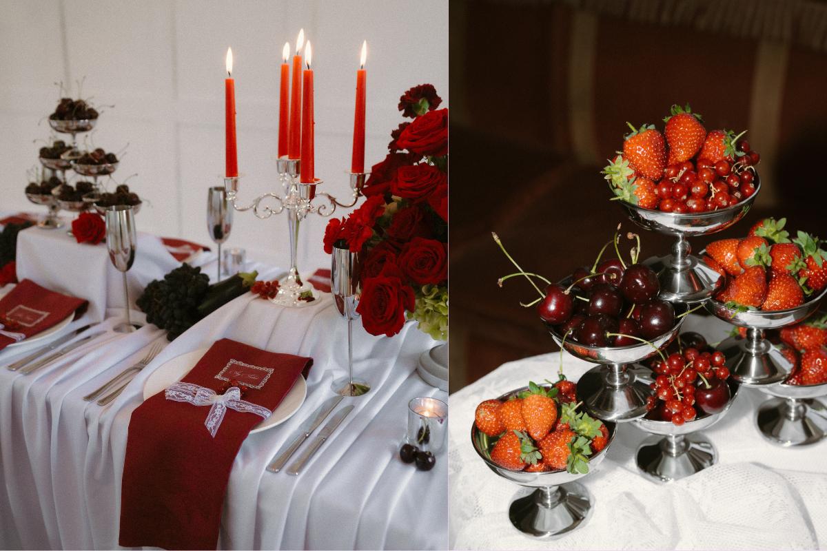 side by side images of a wedding table, the left with tall red tapered candles and stainless steel coupes with red napkins, the next with stainless steel dishes of red strawberries and cherries