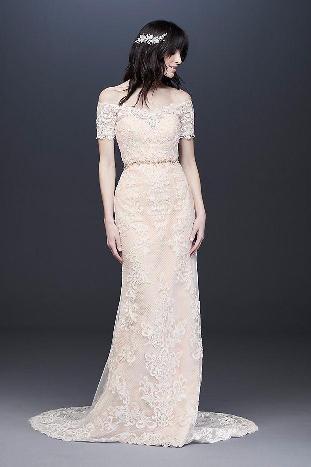 Champagne Sheath Wedding Gown with Ivory Lace Appliques