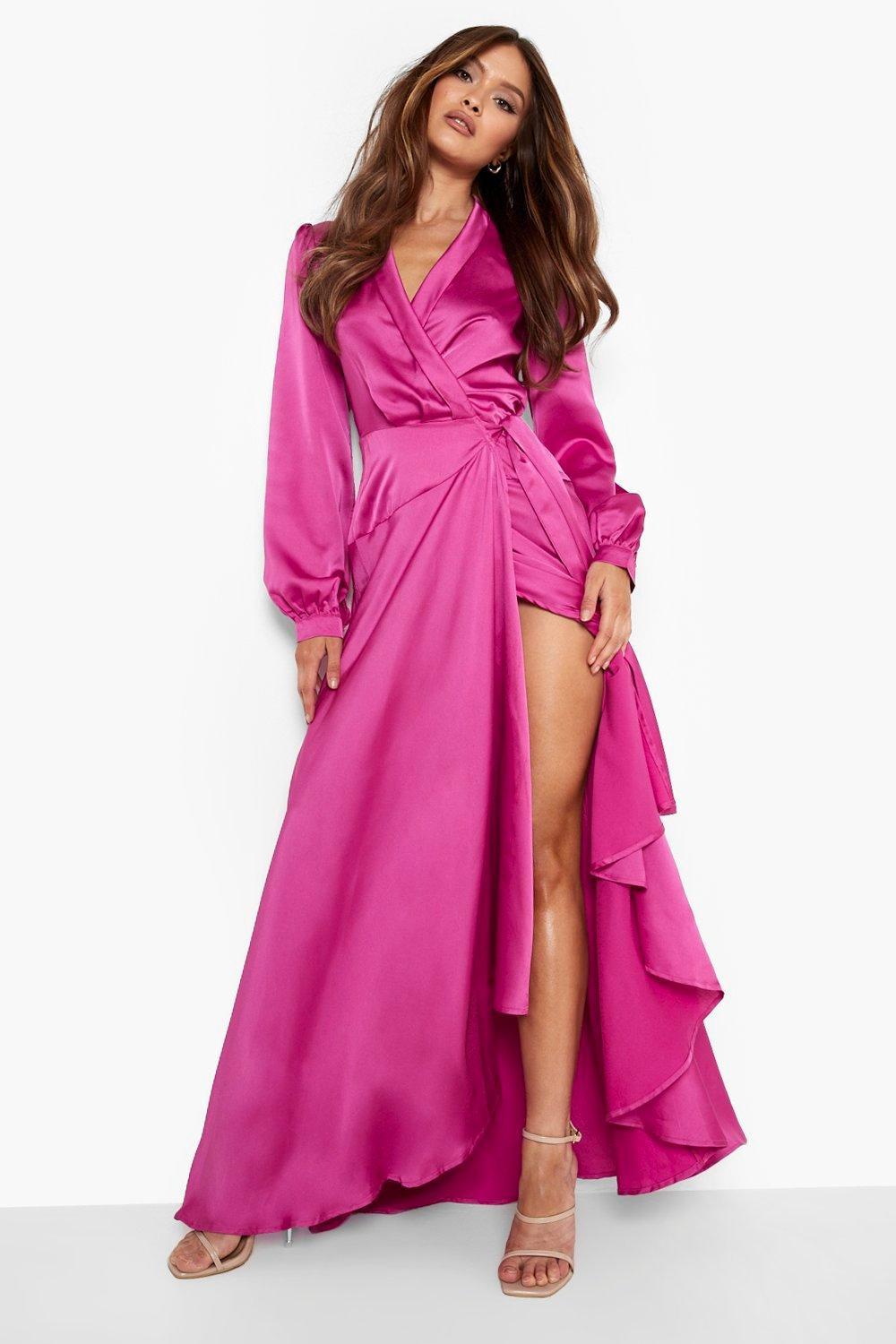 Model wearing a hot pink satin wedding dress