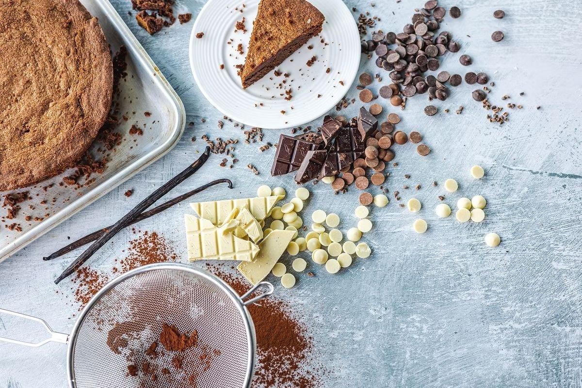 Chocolate and desserts on a kitchen table for cooking