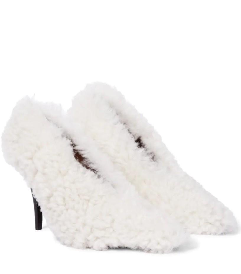 white shearling stiletto heels