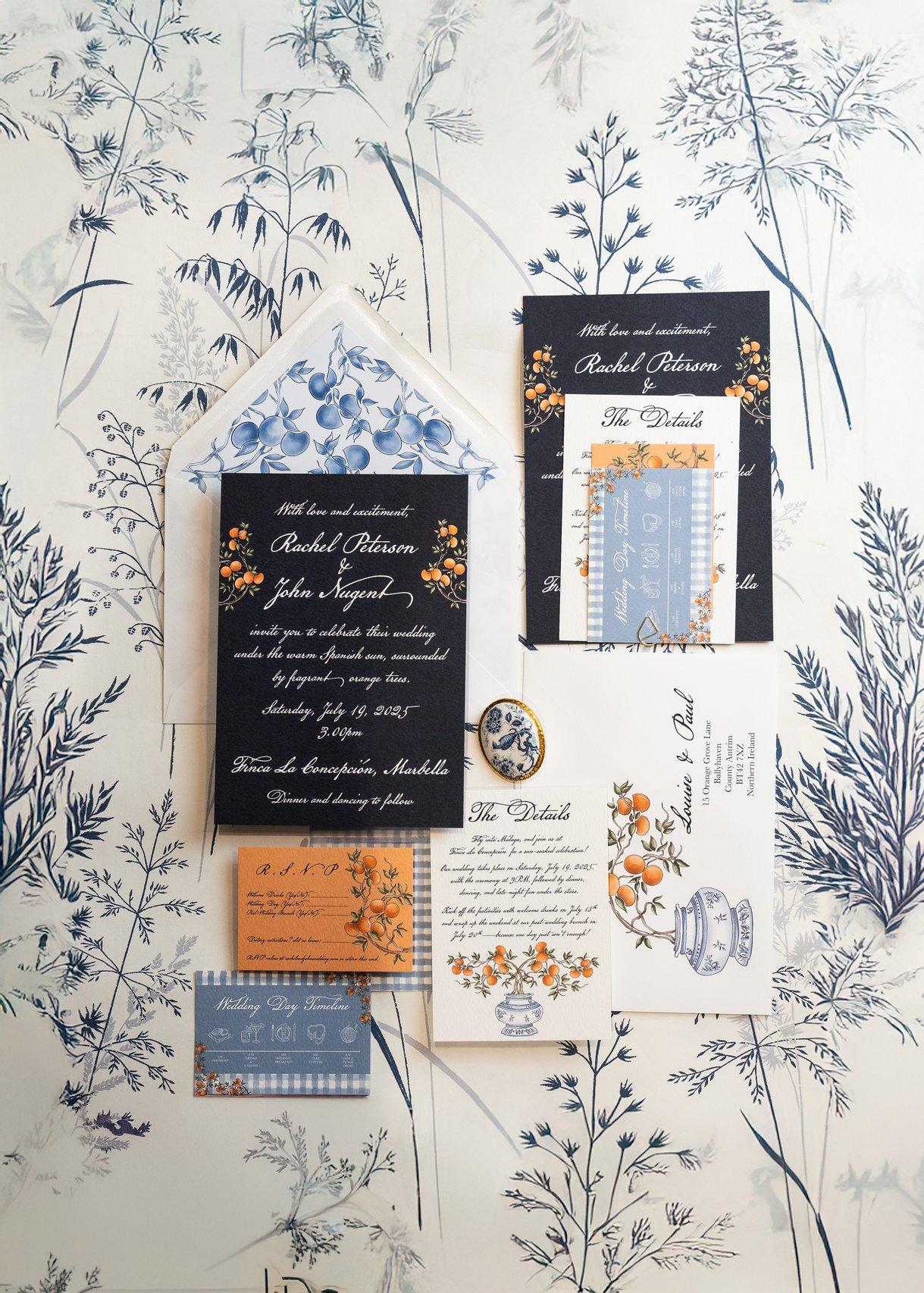 Romantic summery vintage wedding invitation with illustrated orange tree details and gingham frames