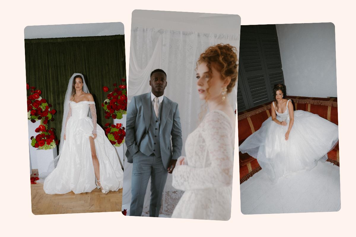 trio of side by side shots of an 80s style bride in a big white wedding dress