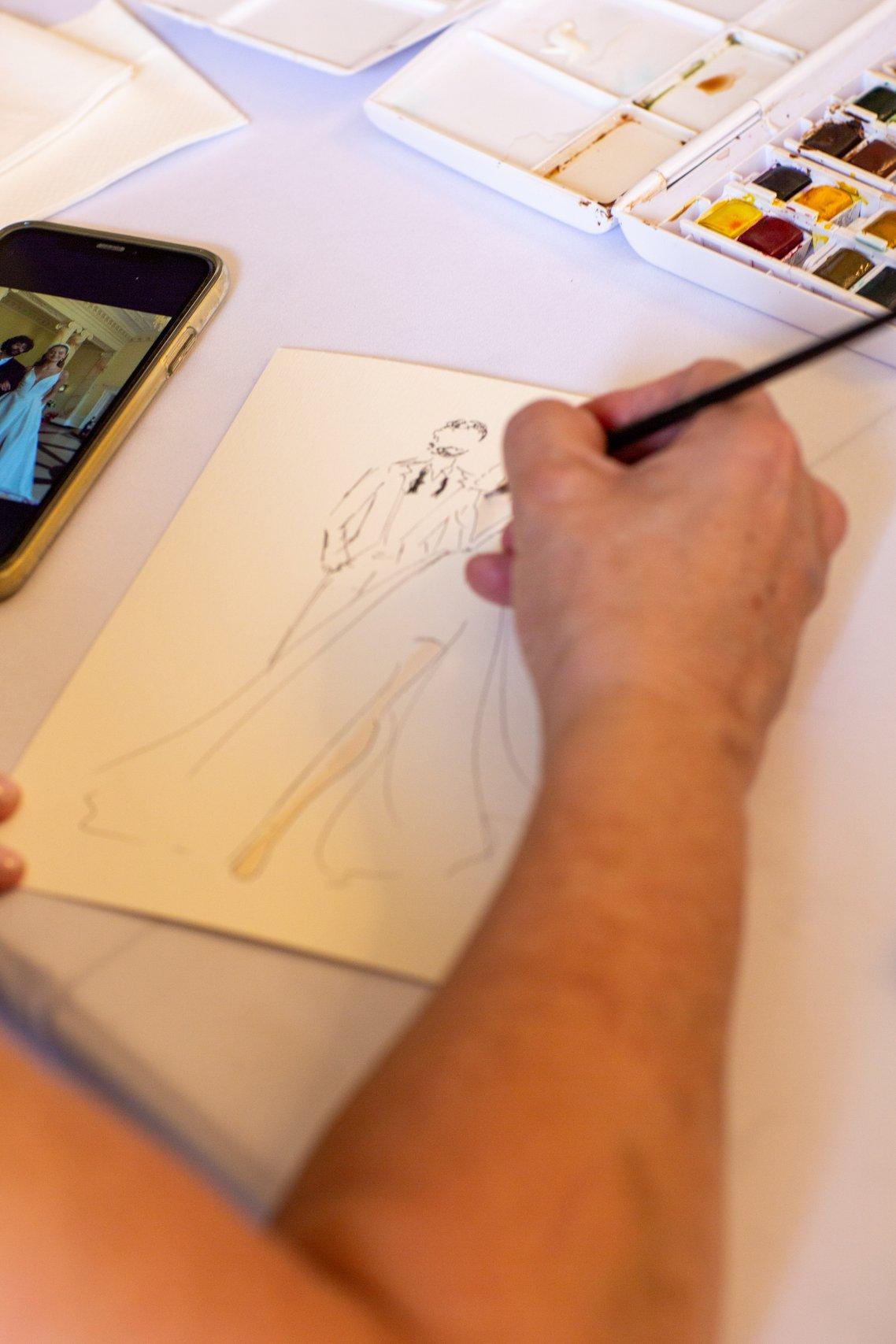 Close up of a live wedding illustrator's work