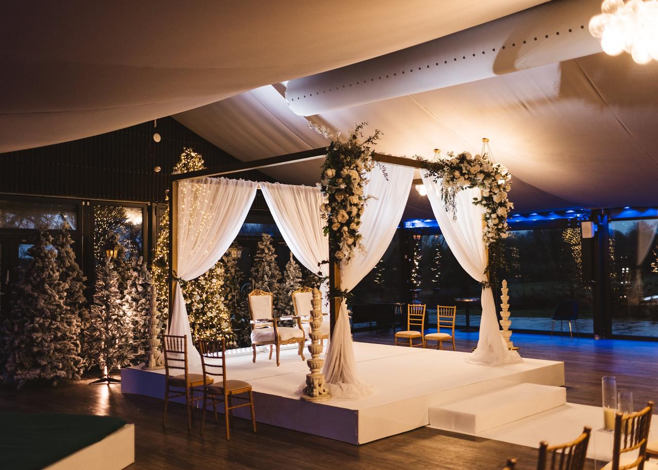 a mandap set up in a contemporary hotel wedding venue.