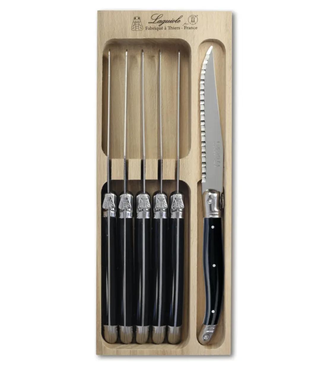 stainless steel and black handle six steal knives in wooden box