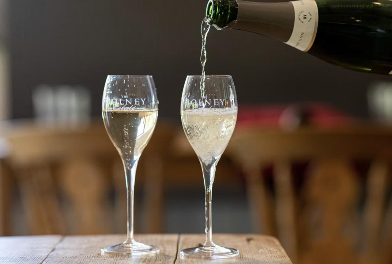 bottle pouring sparkling white wine into two champagne flutes