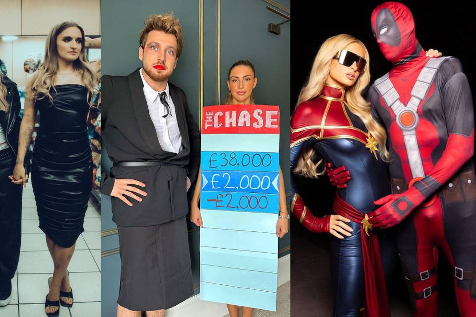 Celebrity couple halloween costumes including Chrishell Stause, G Flip, Sam Thompson, Zara McDermott, Paris Hilton and Carter Reum