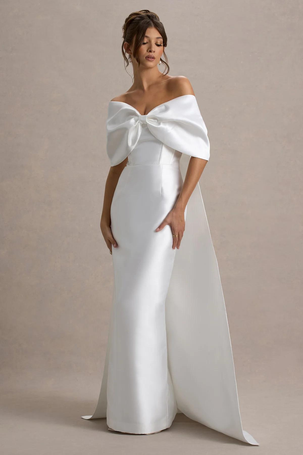 Wanting More Off White Satin Cape Maxi Dress With Oversized Bow – Club L London