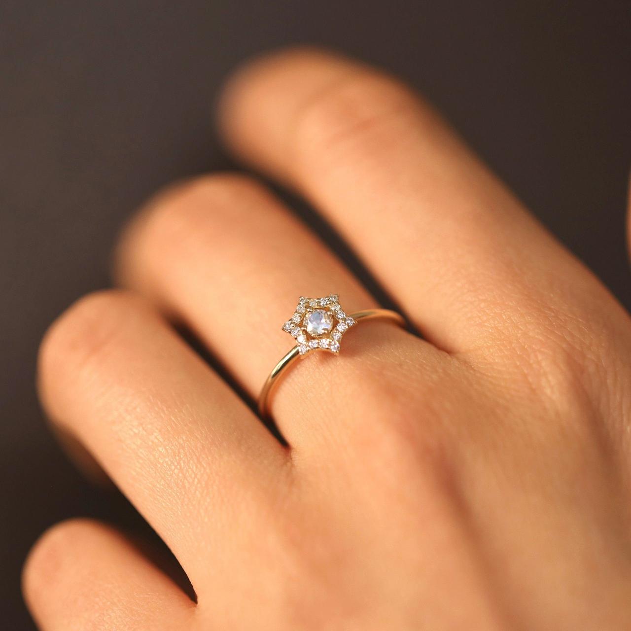 Napoo-Rings Women Fashion Handmade Diamond Moonstone Encrusted Stylish Ring Engagement Ring 