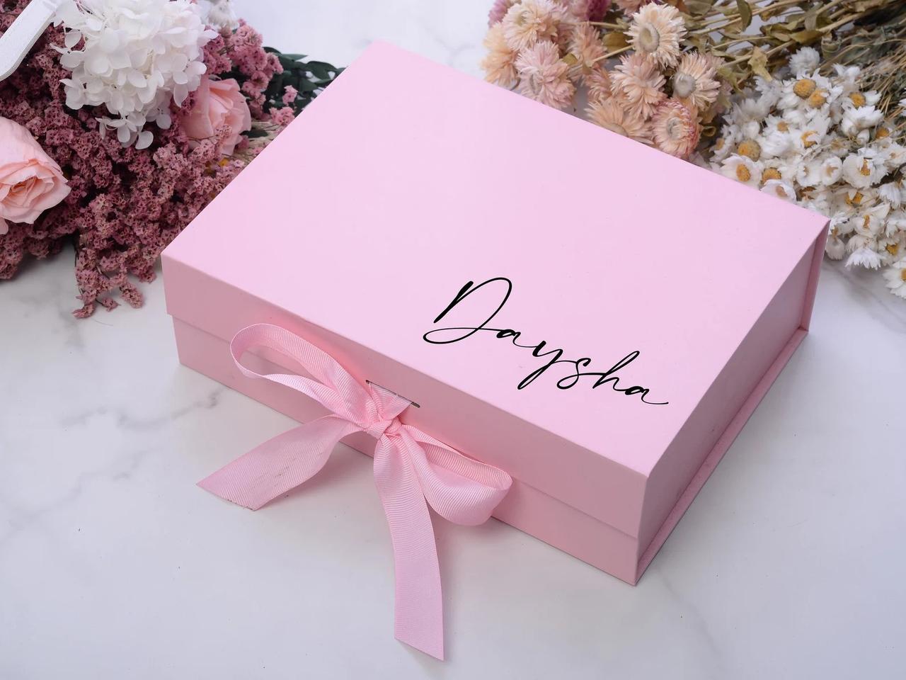 pink personalised gift box with ribbon