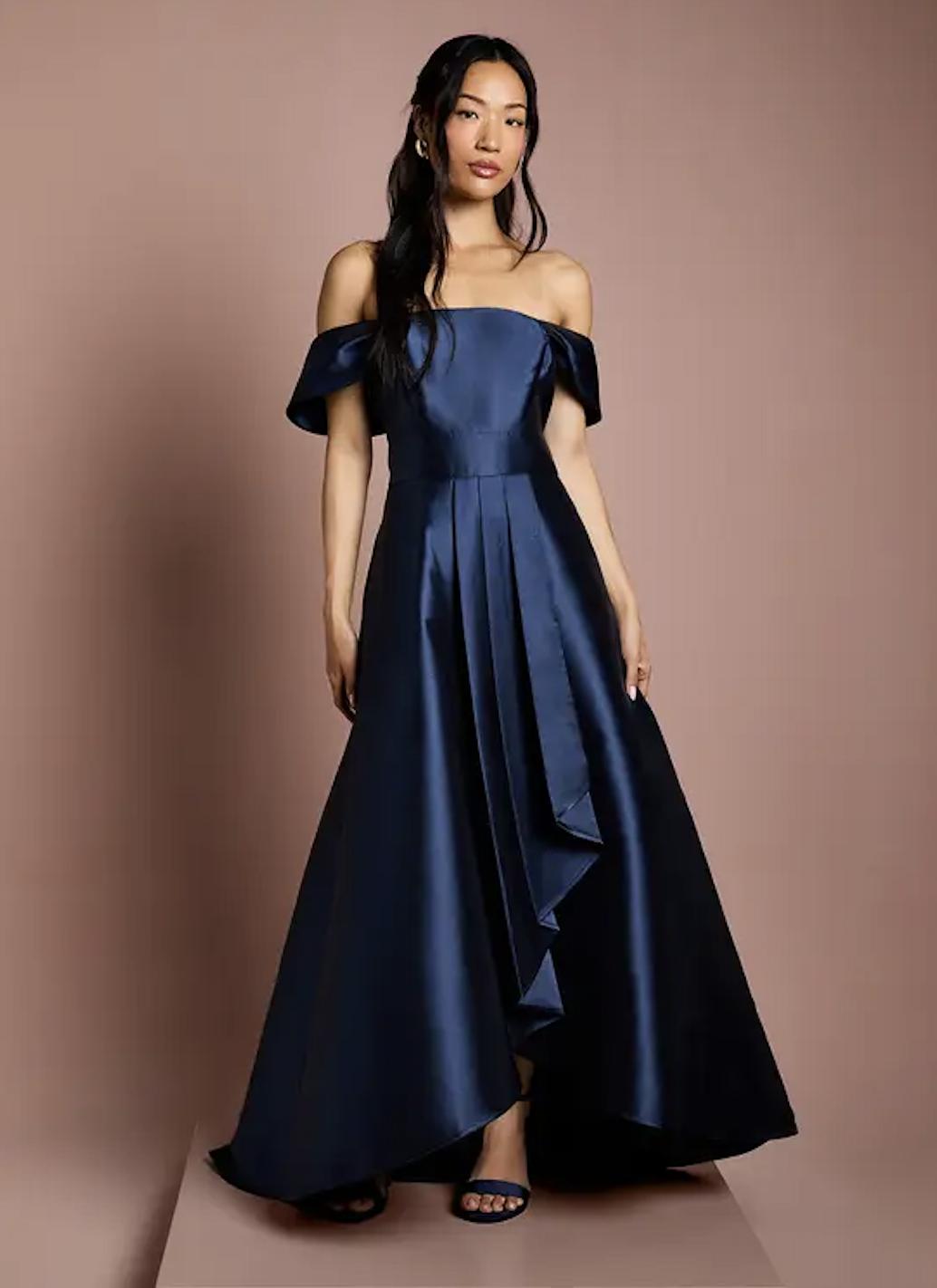 off shoulder navy satin bardot bridesmaid dress from coast
