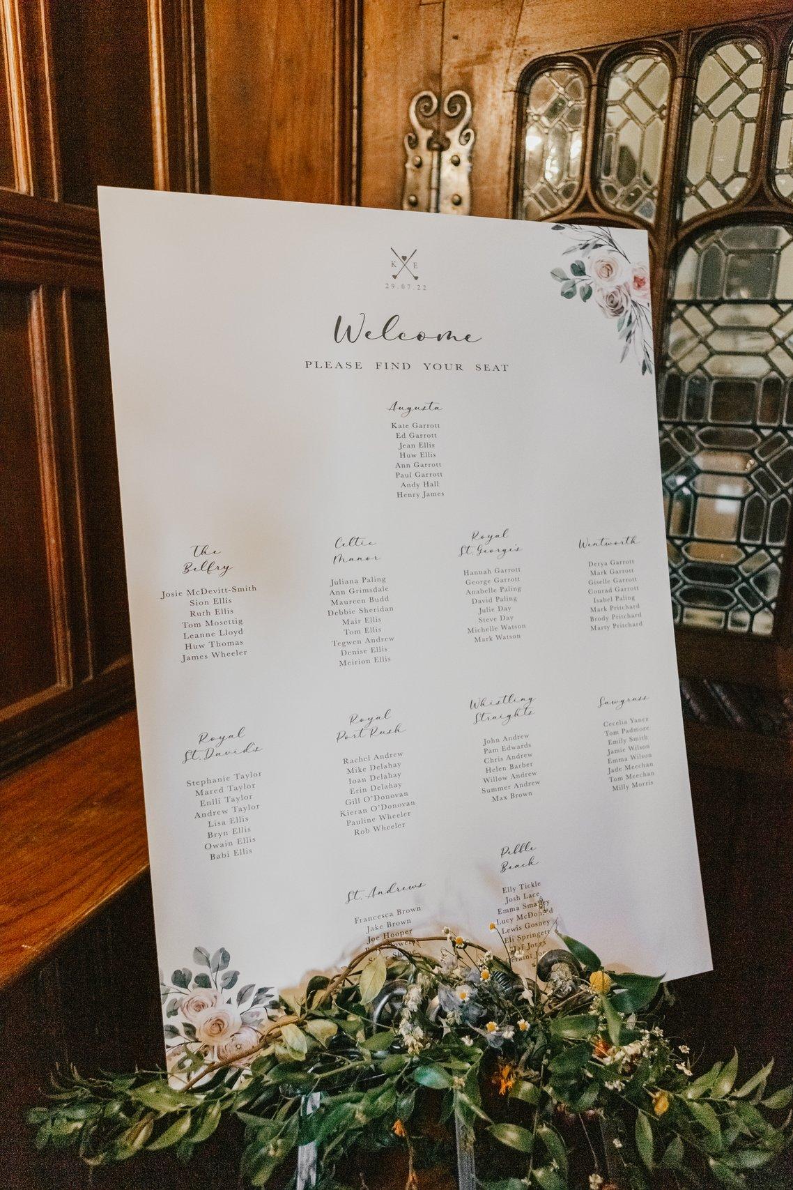 A table plan decorated with flowers