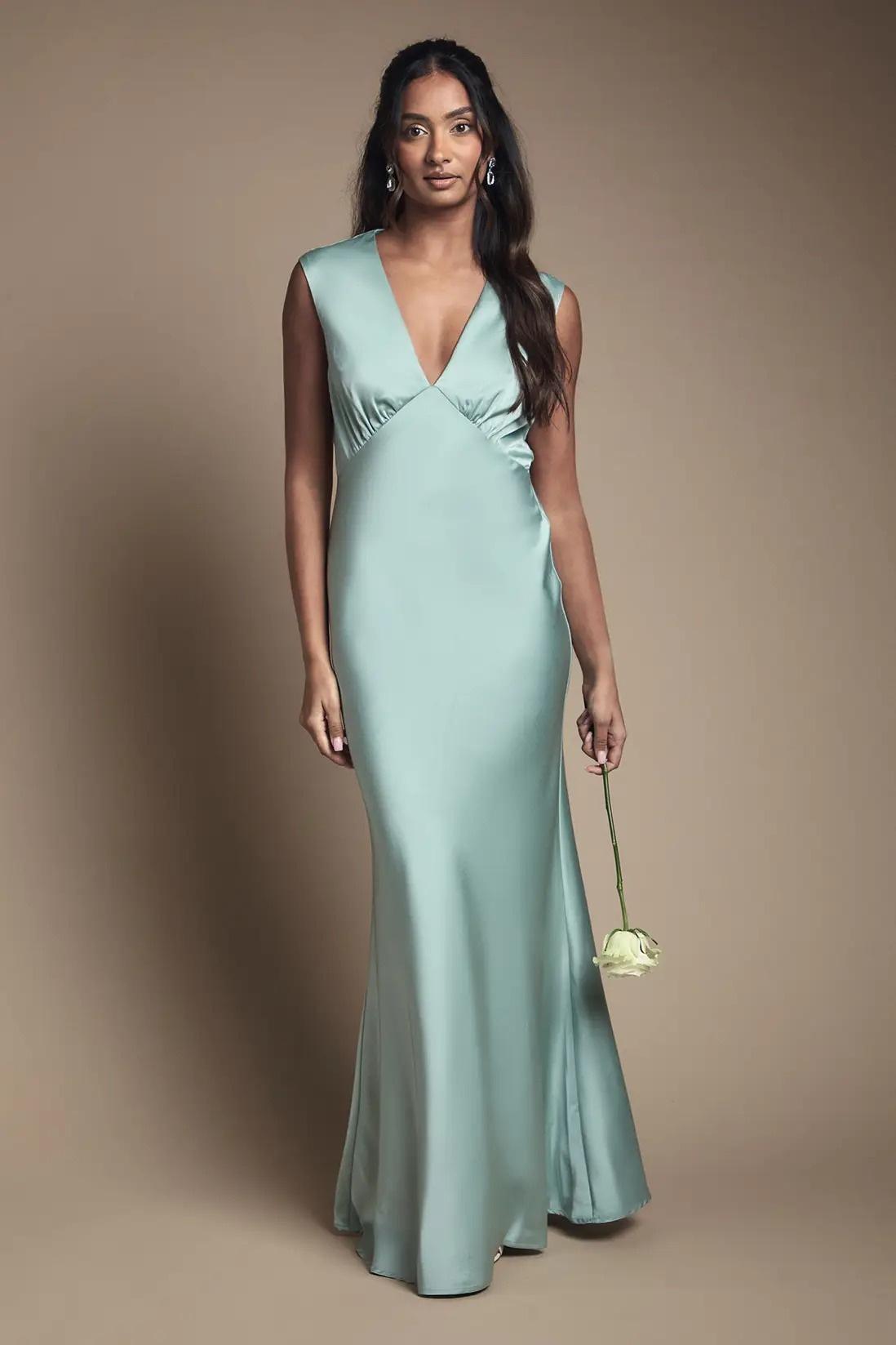 Oasis Sage Satin Open Back Detail Maxi Bridesmaid Dress – Coast