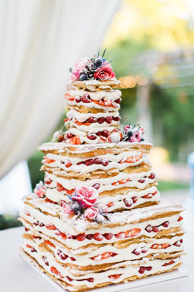 Square waffle rustic wedding cake with buttercream and strawberries