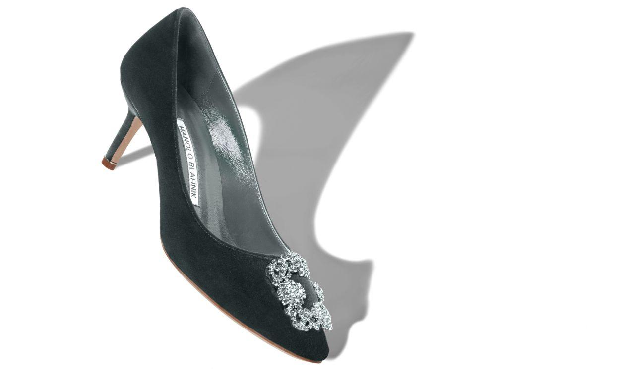dark green velvet court shoes with sparkly detail on toe