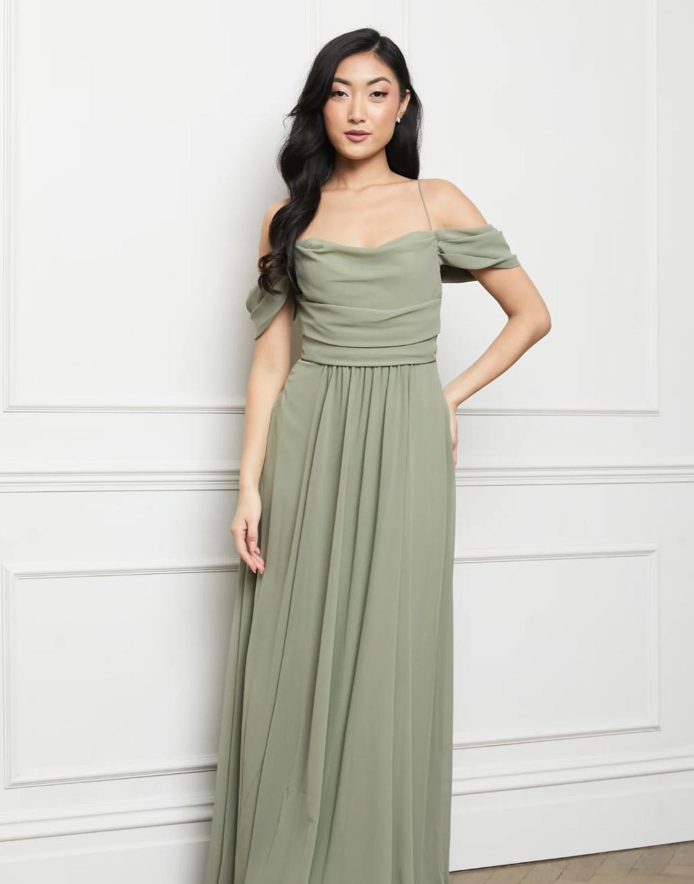 sage green off shoulder sisterhood bridesmaid dress