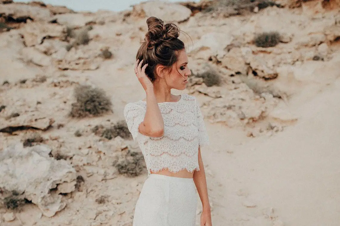 Rustic Long Sleeved Lace Crop Top Two Piece Wedding Dress | Long Bridal  Separates