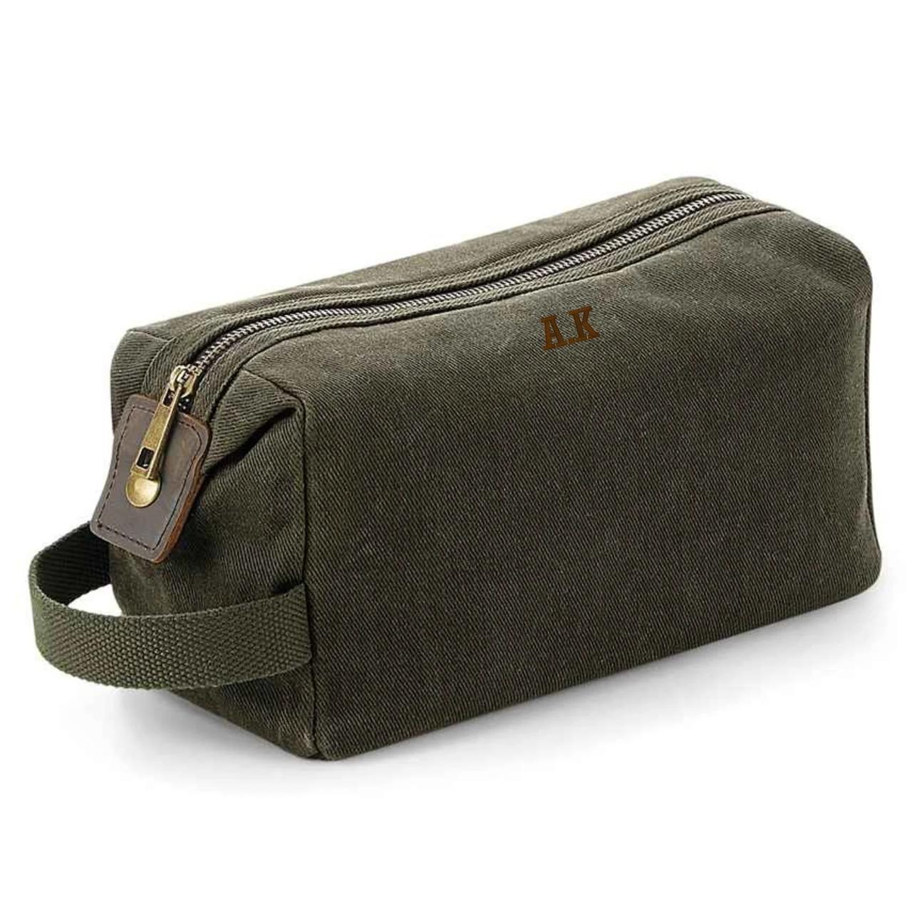Personalised Waxed Canvas Wash Bag For Men