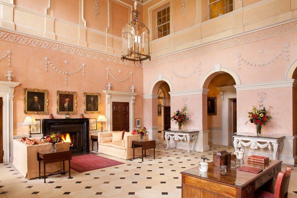 Northamptonshire wedding venue Kelmarsh Hall interior with pink walls
