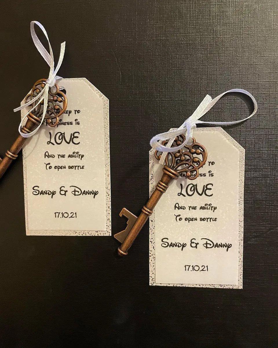 Skeleton key bottle opener with tag saying 