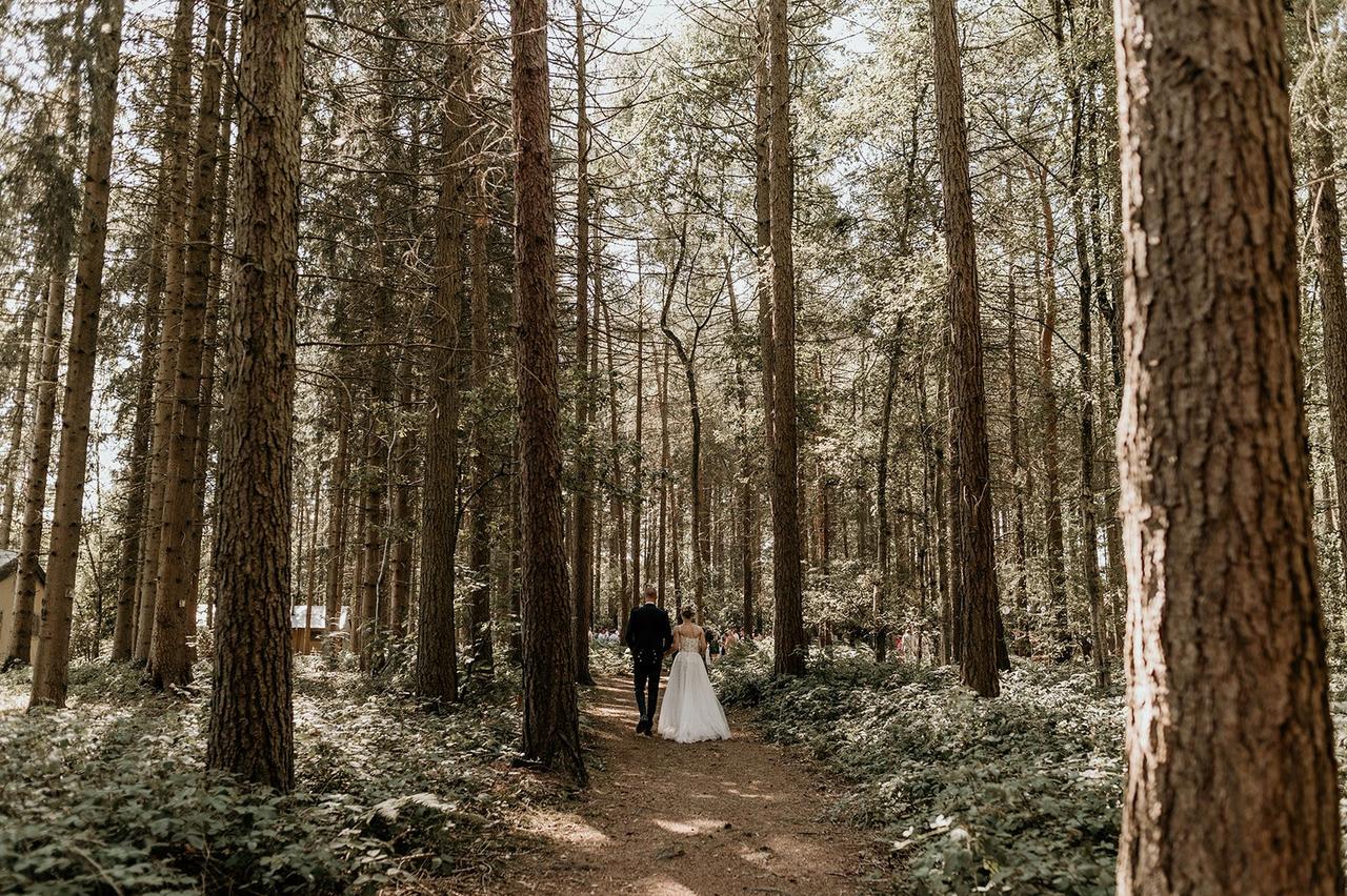 Couple walk through woodland on the way to reception
