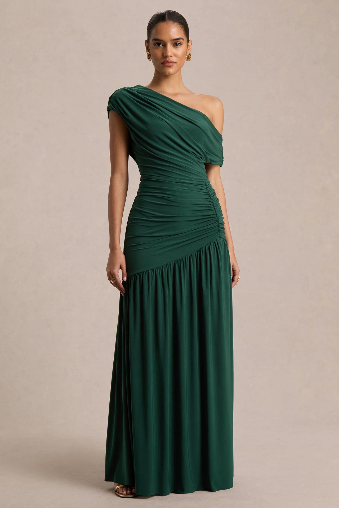 Kady Dark Green Asymmetric-Neck Maxi Dress With Ruched Detailing – Club L London