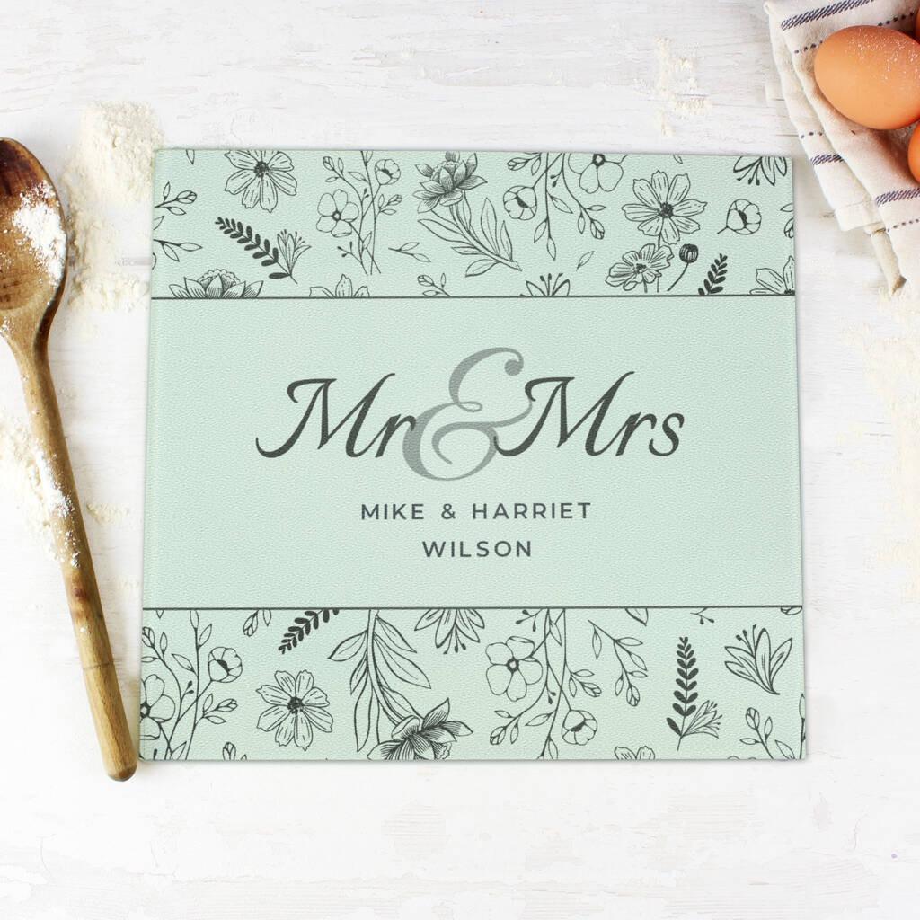 Personalised Mr And Mrs Botanical Glass Chopping Board