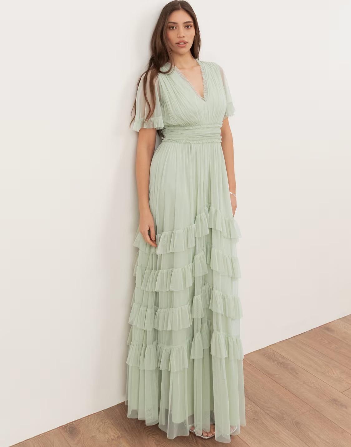 Anaya V Neck Ruffle Tulle Maxi Dress In Soft Sage – ASOS