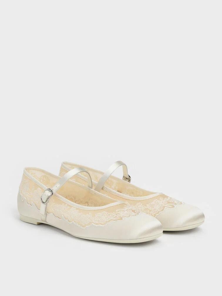 Satin Embroidered-Mesh Mary Jane Flats - Charles & Keith