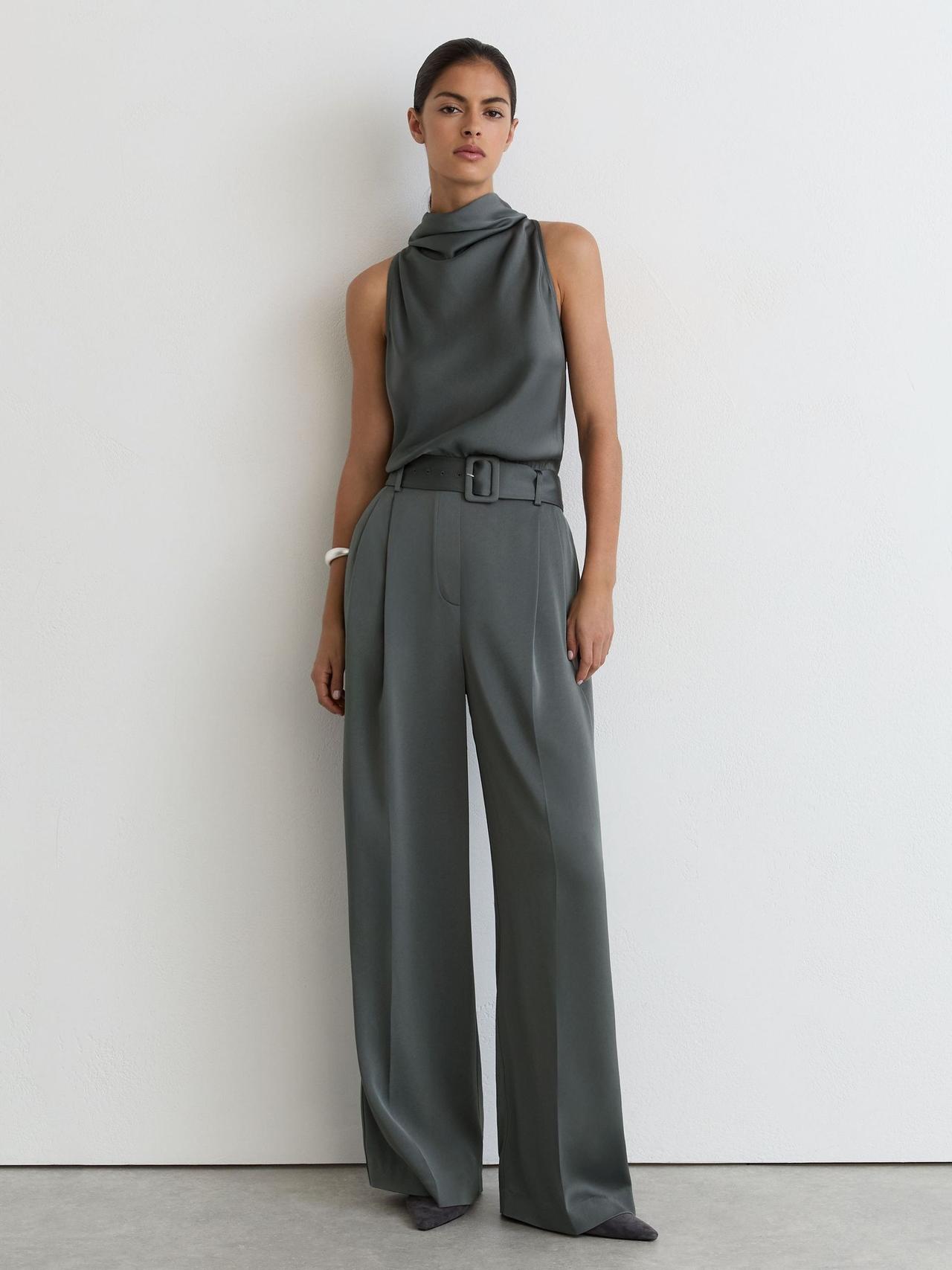 Erica Satin Cowl-Neck Wide-Leg Jumpsuit in Dark Grey – Reiss
