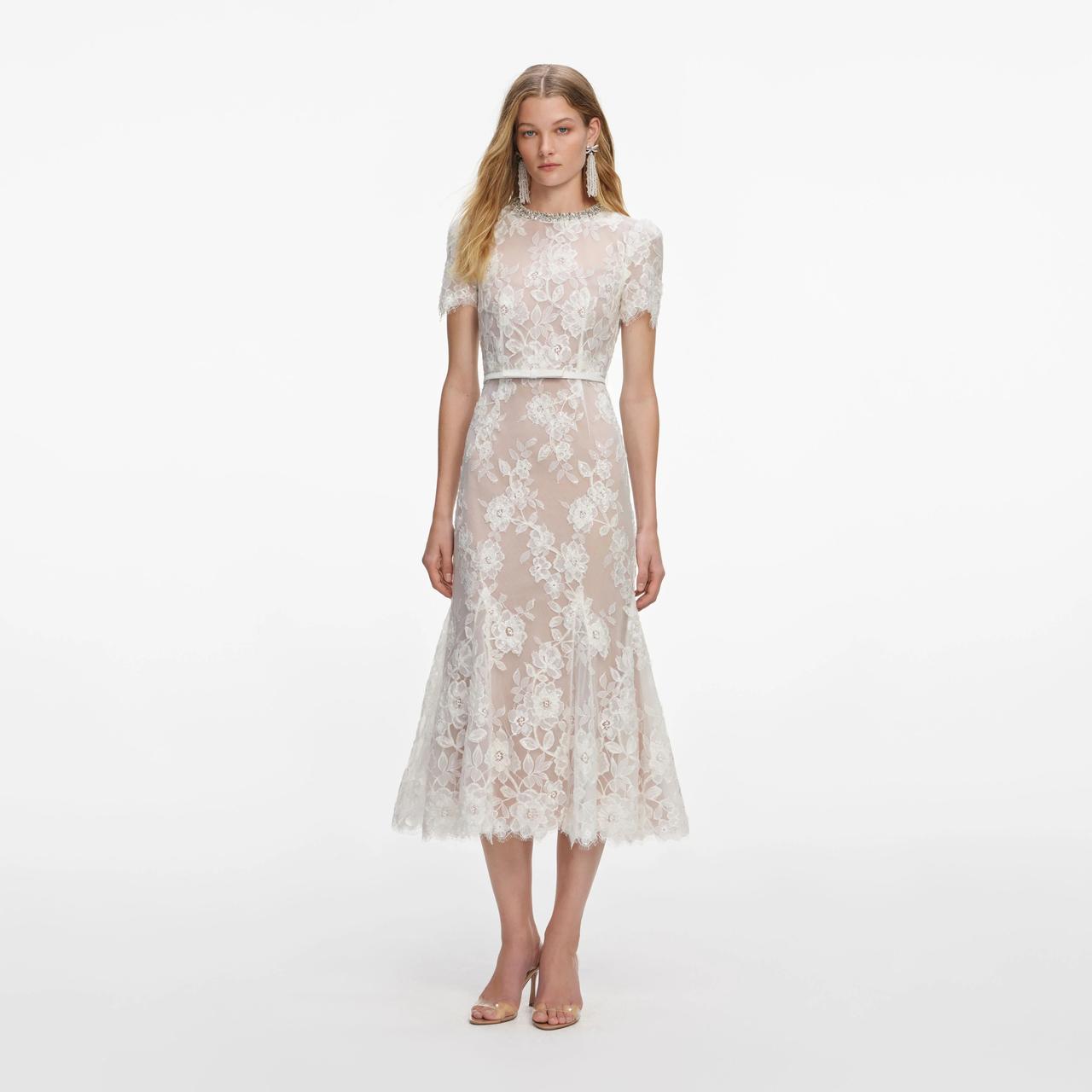 White Sequin Lace Midi Dress – Self Portrait