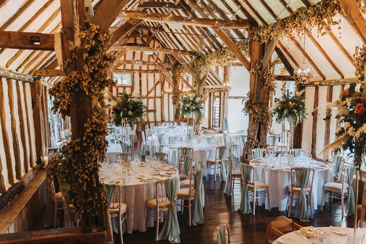 Timber framed wedding barn decorated for a wedding reception