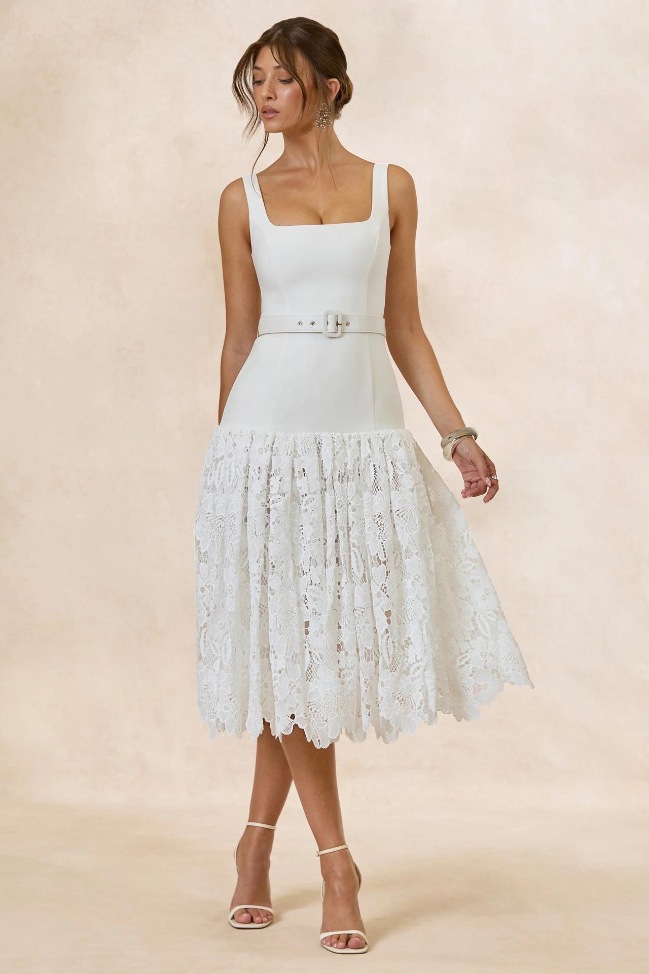 Norrie White Lace Square-Neck Midi Dress With Voluminous Lace Skirt – Club L London